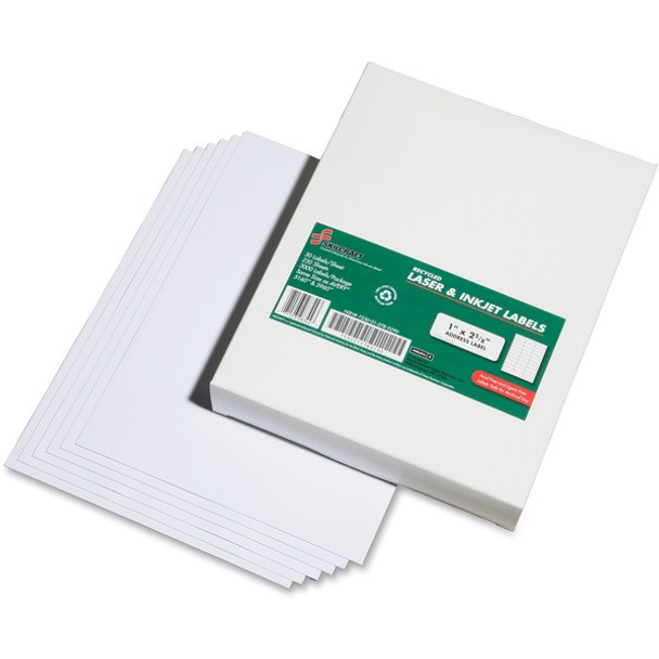 AbilityOne  SKILCRAFT 7530-01-578-9290 Address Label - 1" Width x 2 5/8" Length - Rectangle - Laser, Inkjet - White - 30 / Sheet - 3000 / Box - Chlorine-free, Lignin-free, Self-adhesive