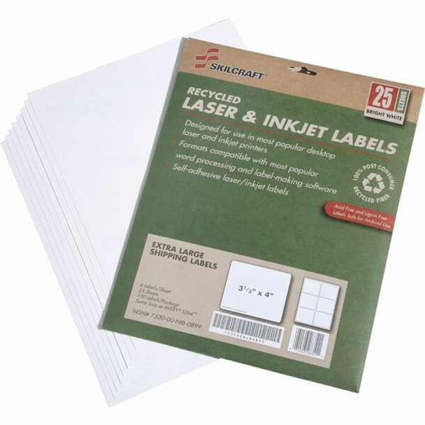 AbilityOne  SKILCRAFT 7530-01-578-9295 Extra Large Shipping Label - 3 1/3" Width x 4" Length - Rectangle - Laser, Inkjet - White - 6 / Sheet - 150 / Pack - Chlorine-free, Lignin-free, Self-adhesive