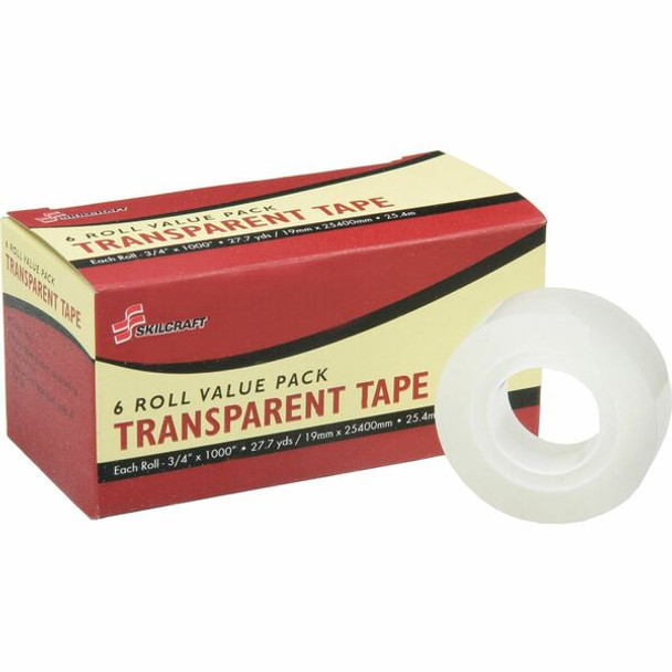AbilityOne  SKILCRAFT 7510-01-580-6225 Glossy Finish Transparent Tape - 0.75" Width x 1000" Length - 1" Core - Stain Resistant, Moisture Resistant - 6 / Pack - Clear
