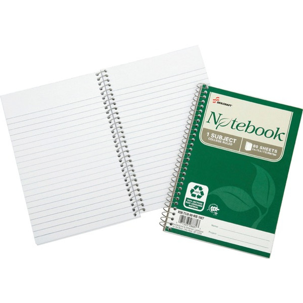 AbilityOne  SKILCRAFT One Subject Spiral Notebook - 80 Sheets - Wire Bound - 17 lb Basis Weight - 5" x 7 1/2" - White Paper - Subject, Chlorine-free, Acid-free, Archival - Recycled - 6 / Pack