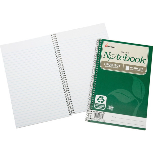 AbilityOne  SKILCRAFT 1 Subject Spiral Notebook - 80 Sheets - Wire Bound - 17 lb Basis Weight - 6" x 9 1/2" - White Paper - Subject, Archival, Chlorine-free, Acid-free - Recycled - 3 / Pack