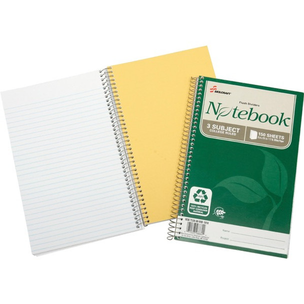 AbilityOne  SKILCRAFT Three-subject Spiral Notebook - 150 Sheets - Wire Bound - 17 lb Basis Weight - 6" x 9 1/2" - White Paper - Subject, Chlorine-free, Acid-free, Archival, Divider - Recycled - 3 / Pack