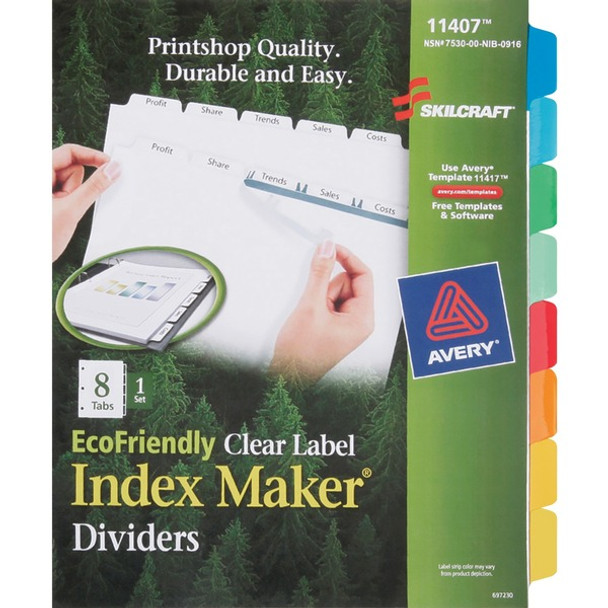 AbilityOne  SKILCRAFT 8-Tab Set Index Maker Dividers - 8 Print-on Tab(s) - 8.5" Divider Width x 11" Divider Length - Letter - Assorted Tab(s) - Recycled - 1 / Set