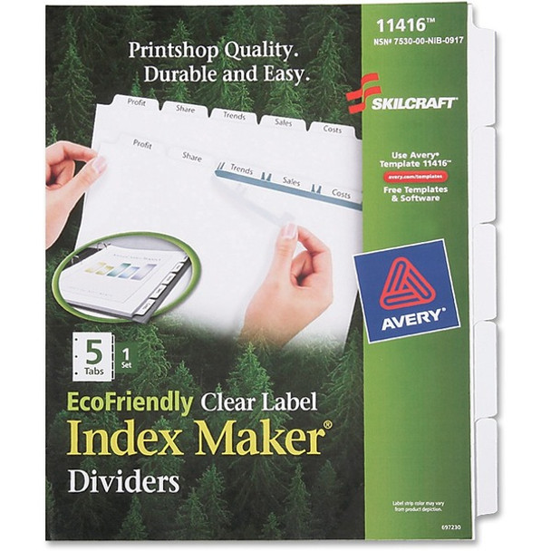 AbilityOne  SKILCRAFT Clear Label Index Maker Dividers - 5 Print-on Tab(s) - 8.5" Divider Width x 11" Divider Length - Letter - White Divider - Recycled - 1 / Set