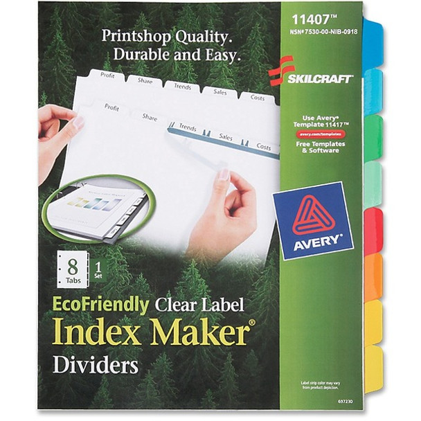 AbilityOne  SKILCRAFT 8-Tab Clear Label Index Maker Dividers - 8 Print-on Tab(s) - 8.5" Divider Width x 11" Divider Length - Letter - White Divider - Recycled - 1 / Set