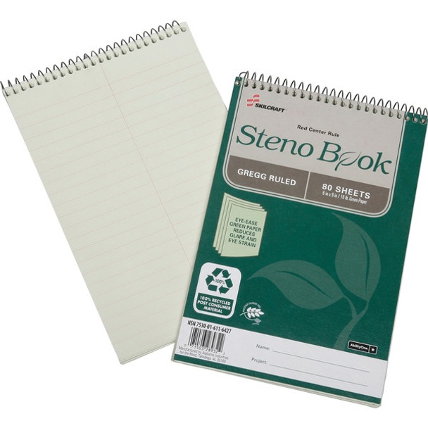 AbilityOne  SKILCRAFT 100% Recycled Steno Books - 80 Sheets - Gregg Ruled Margin - 16 lb Basis Weight - 6" x 9" - Green Tint Paper - Chlorine-free - Recycled - 6 / Pack