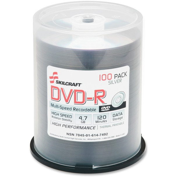 AbilityOne  SKILCRAFT DVD Recordable Media - DVD-R - 4.70 GB - 100 Pack Spindle - 120mm - Printable - Thermal Printable - 2 Hour Maximum Recording Time