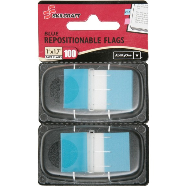 AbilityOne  SKILCRAFT Removable Self-stick Flags Dispenser - 100 x Bright Blue - 1" x 1.70" - Rectangle - Blue - Self-adhesive, Removable, Reusable - 100 / Pack