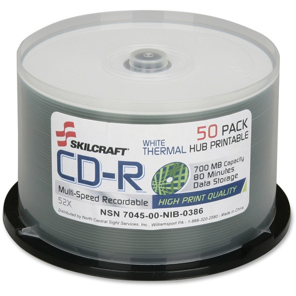 AbilityOne  SKILCRAFT CD Recordable Media - CD-R - 52x - 700 MB - 50 Pack Spindle - 120mm - Printable - Thermal Printable - 1.33 Hour Maximum Recording Time