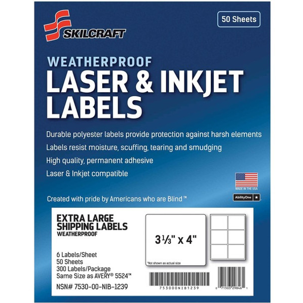 AbilityOne  SKILCRAFT Weatherproof Mailing Labels - 3 21/64" Width x 4" Length - Permanent Adhesive - Rectangle - Inkjet, Laser - White - Polyester - 6 / Sheet - 50 Total Sheets - 300 / Pack