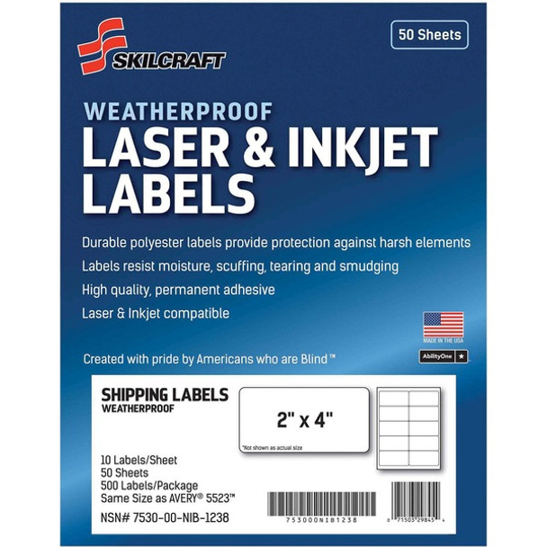 AbilityOne  SKILCRAFT Weatherproof Mailing Labels - 2" Width x 4" Length - Permanent Adhesive - Rectangle - Inkjet, Laser - White - Polyester - 50 Total Sheets - 500 / Pack