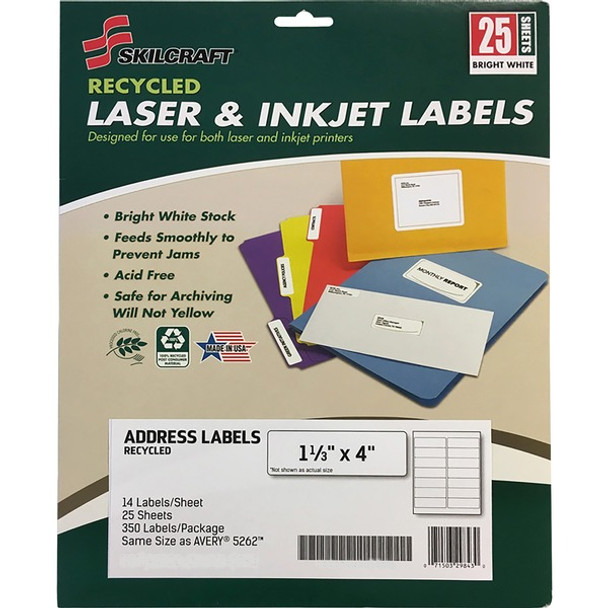 AbilityOne  SKILCRAFT Recycled Address Labels - 1 21/64" Width x 4" Length - Permanent Adhesive - Rectangle - Laser, Inkjet - White - Fiber - 14 / Sheet - 25 Total Sheets - 350 / Pack