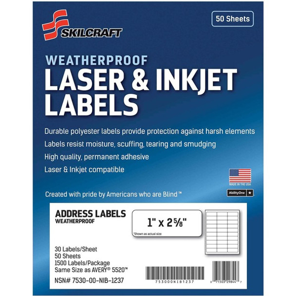 AbilityOne  SKILCRAFT Weatherproof Mailing Labels - 1" Width x 2 5/8" Length - Permanent Adhesive - Rectangle - Inkjet, Laser - White - Polyester - 50 Total Sheets - 1500 / Pack