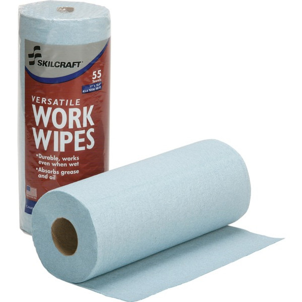 AbilityOne  SKILCRAFT Industrial Work Wipes - Blue - Paper - Low Linting, Durable, Disposable, Solvent Resistant - For Multi Surface, Multipurpose - 55 / Roll