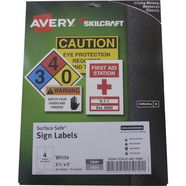 AbilityOne  SKILCRAFT Avery Surface Safe Sign Labels - 3 1/2" Width x 5" Length - Removable Adhesive - Rectangle - Laser, Inkjet - White - Polyester - 15 Total Sheets - 60 Total Label(s) - 60 / Box - Water Resistant
