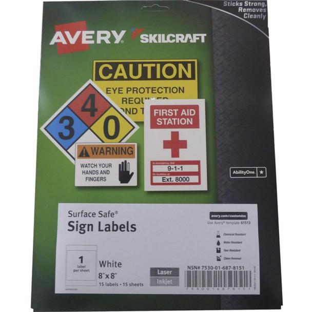 AbilityOne  SKILCRAFT Avery Surface Safe Sign Labels - 8" Width x 8" Length - Removable Adhesive - Square - Laser, Inkjet - White - Polyester - 15 Total Sheets - 15 Total Label(s) - 15 / Box - Water Resistant