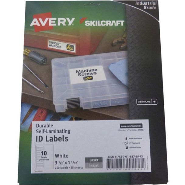 AbilityOne  SKILCRAFT Avery Durable Self-Laminating ID Labels - 3 1/2" Width x 1 1/32" Length - Permanent Adhesive - Rectangle - Laser, Inkjet - White - 25 Total Sheets - 250 Total Label(s) - 250 / Pack - Water Resistant