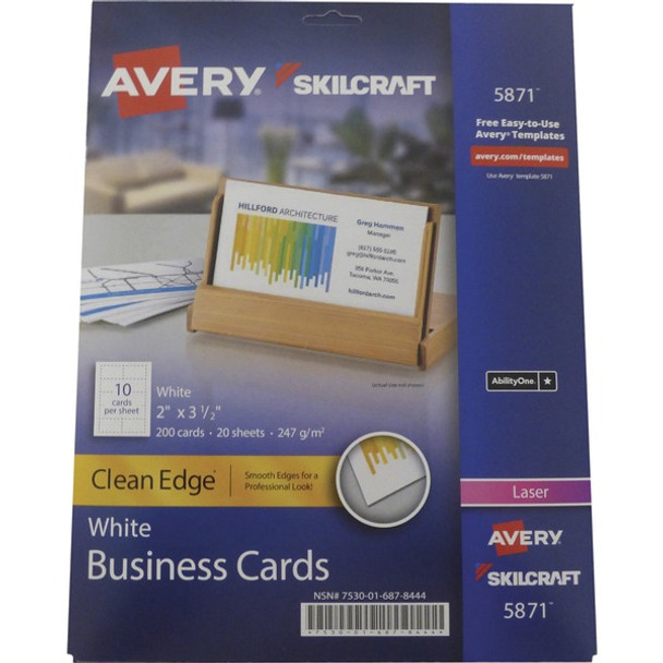AbilityOne  SKILCRAFT Avery Clean Edge 2-sided Business Cards - 2" x 3 1/2" - 247 g/m&#178; Grammage - 200 / Pack - Double-sided, Uncoated, Heavyweight, Smooth Edge - White