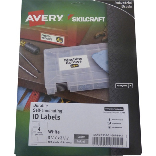 AbilityOne  SKILCRAFT Avery Durable Self-Laminating ID Labels - 3 5/16" Width x 2 5/16" Length - Permanent Adhesive - Rectangle - Laser, Inkjet - White - 25 Total Sheets - 100 Total Label(s) - 100 / Label - Water Resistant