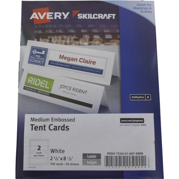 AbilityOne  SKILCRAFT Avery 2-sided Tent Cards - 2 1/2" x 8 1/2" - 100 Card - Embossed, Double-sided, Pre-printed - White