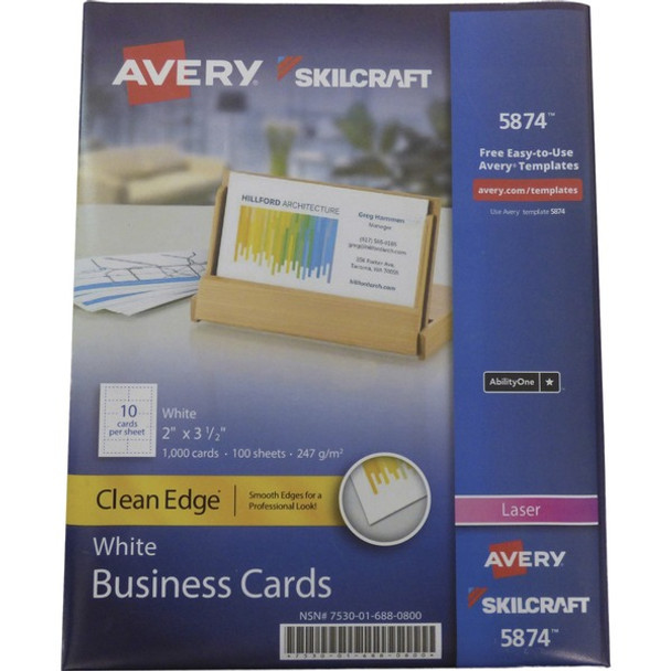 AbilityOne  SKILCRAFT Avery Clean Edge 2-sided Business Cards - 2" x 3 1/2" - 247 g/m&#178; Grammage - 1000 / Box - Double-sided, Uncoated, Heavyweight, Smooth Edge - White