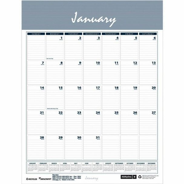 AbilityOne  SKILCRAFT Monthly Wall Calendar - Monthly - 12 Month - January - December - 1 Month Single Page Layout - Multi - 11" Height x 8.5" Width - 1 Each