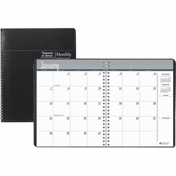 AbilityOne  SKILCRAFT 14-month Appointment Planner - Weekly - 14 Month - December - January - 2 Month Double Page Layout - Wire Bound - Black - 11" Height x 8.5" Width - Dated Planning Page, Appointment Schedule, Holiday Listing, Embossed - 1 Each
