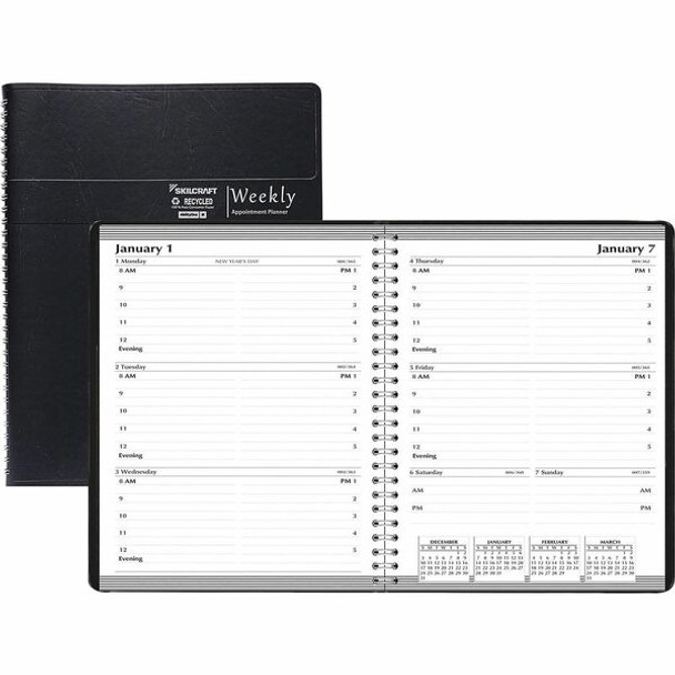 AbilityOne  SKILCRAFT Weekly Appointment Planner - Weekly - 12 Month - January - December - 2 Week Double Page Layout - Wire Bound - Multi, Black - 8" Height x 5" Width