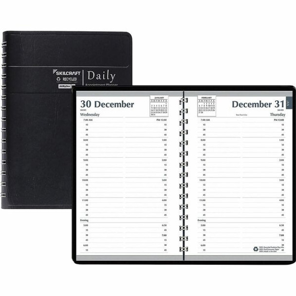 AbilityOne  SKILCRAFT Daily Appointment Planner - Daily - 12 Month - January - December - 2 Day Double Page Layout - Wire Bound - Multi - 8" Height x 5" Width - Embossed, Dated Planning Page, Printed, Appointment Schedule - 1 Each