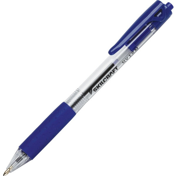 AbilityOne  SKILCRAFT SLV-Performer Retractable Ballpoint Pen - Medium Pen Point - 1 mm Pen Point Size - Retractable - Blue - Clear Plastic Barrel - 12 / Dozen