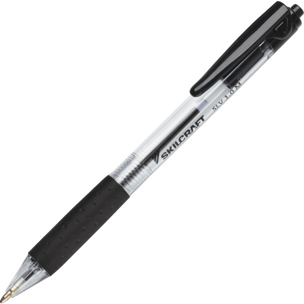 AbilityOne  SKILCRAFT SLV-Performer Retractable Ballpoint Pen - Medium Pen Point - 1 mm Pen Point Size - Retractable - Black - Clear Plastic Barrel - 12 / Dozen