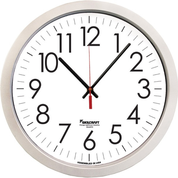 AbilityOne  SKILCRAFT Silver Contemporary Wall Clock - Analog - Quartz - Plastic Case - Contemporary Style - TAA Compliant