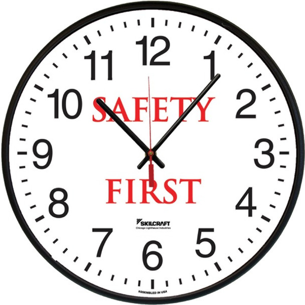 AbilityOne  SKILCRAFT Safety First Message Wall Clock - Analog - Quartz - Black/Plastic Case - TAA Compliant