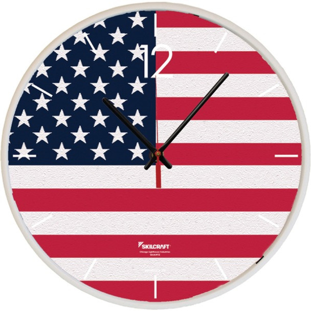 AbilityOne  SKILCRAFT American Flag Wall Clock - Analog - Quartz - White Main Dial - Plastic Case - TAA Compliant