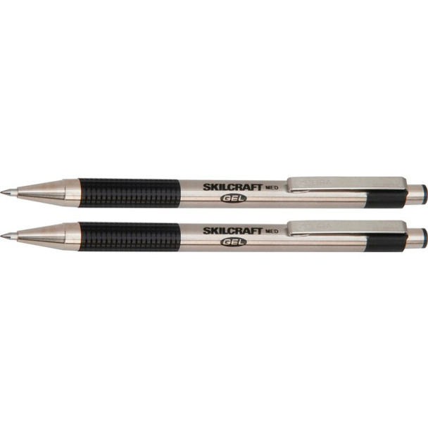 AbilityOne  SKILCRAFT Retractable Gel Pens - Medium Pen Point - 0.7 mm Pen Point Size - Refillable - Retractable - Black Gel-based Ink - Stainless Steel Barrel - 2 / Pack - TAA Compliant