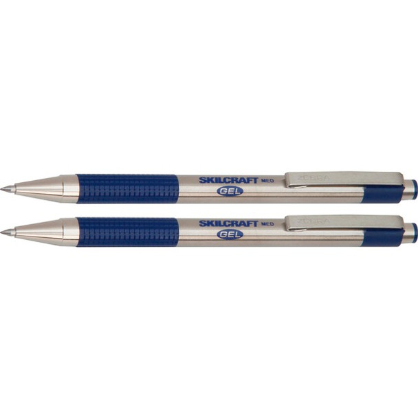 AbilityOne  SKILCRAFT Retractable Gel Pens - Medium Pen Point - 0.7 mm Pen Point Size - Refillable - Retractable - Blue Gel-based Ink - Stainless Steel Barrel - 2 / Pack - TAA Compliant