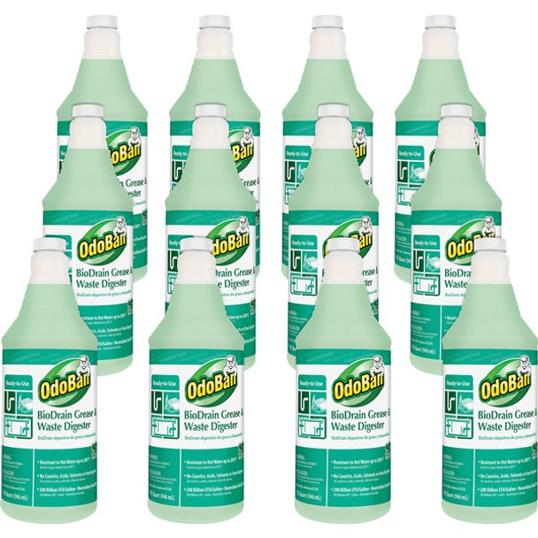 OdoBan BioDrain Grease/Waste Digester - Ready-To-Use - 32 fl oz (1 quart) - 12 / Carton - Green