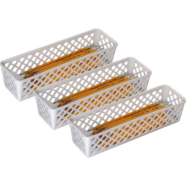 Officemate Achieva&reg; Long Supply Basket, 3/PK - 3.4" Height x 10.1" Width x 3.6" Depth - Compact, Stackable, Storage Space - White - Plastic - 3 / Pack