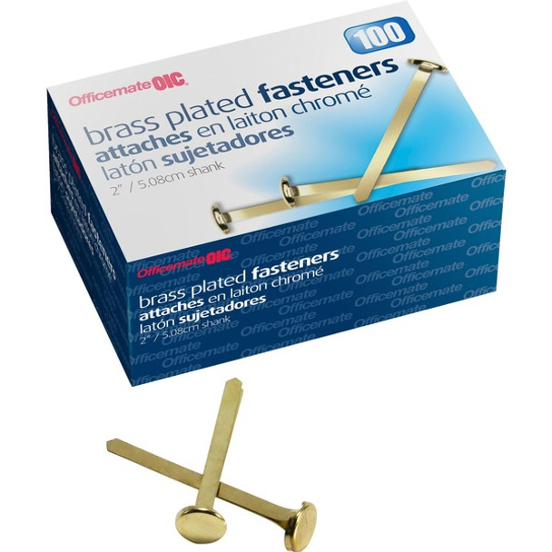 Officemate Round Head Fasteners - 2" Shank - 0.50" Head - 100 / Box - Brass