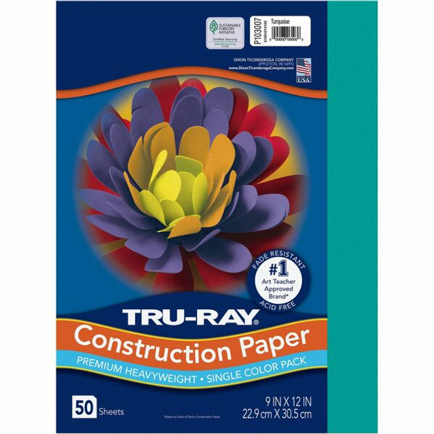 Tru-Ray Construction Paper - 12"Width x 9"Length - 76 lb Basis Weight - 50 / Pack - Turquoise - Sulphite