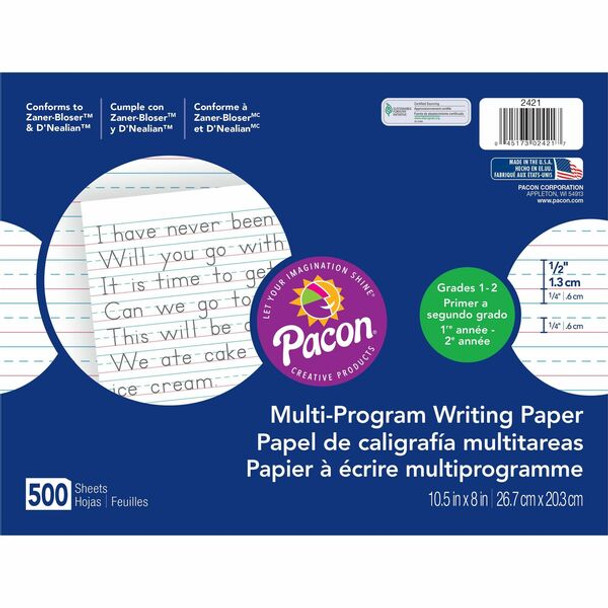 Pacon Multi-Program Handwriting Papers - 500 Sheets - 0.50" Ruled - Unruled Margin - 10 1/2" x 8" - White Paper - Hard Cover - 500 / Ream