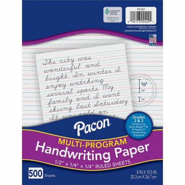Pacon Multi-Program Handwriting Papers - 500 Sheets - 0.50" Ruled - Unruled Margin - 8" x 10 1/2" - White Paper - Hard Cover - 500 / Ream