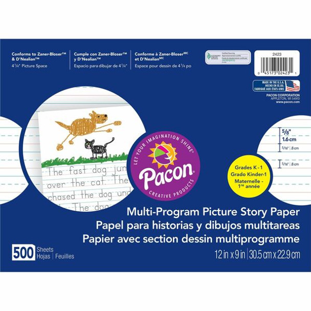 Pacon Multi-program Ruled Picture Story Paper - 500 Sheets - 0.63" Ruled - 4.25" Picture Story Space - 16 lb Basis Weight - 12" x 9" - White Paper - 500 / Ream