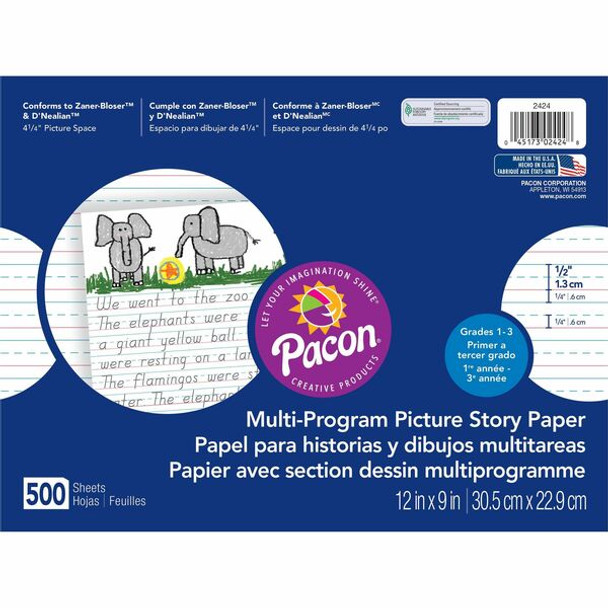 Pacon Multi-program Picture Story Paper - 0.50" Ruled - 4.25" Picture Story Space - Unruled Margin - 12" x 9" - AssortedChipboard Cover - Hard Cover - 500 / Ream