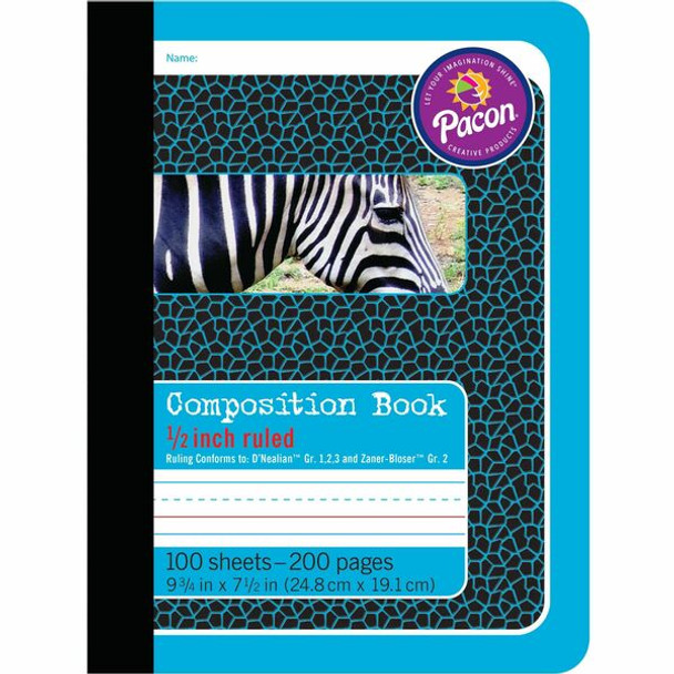 Pacon 1/2" Ruled Composition Book - 100 Sheets - 0.50" Ruled - 7 1/2" x 9 3/4" - Blue Cover - 1 Each