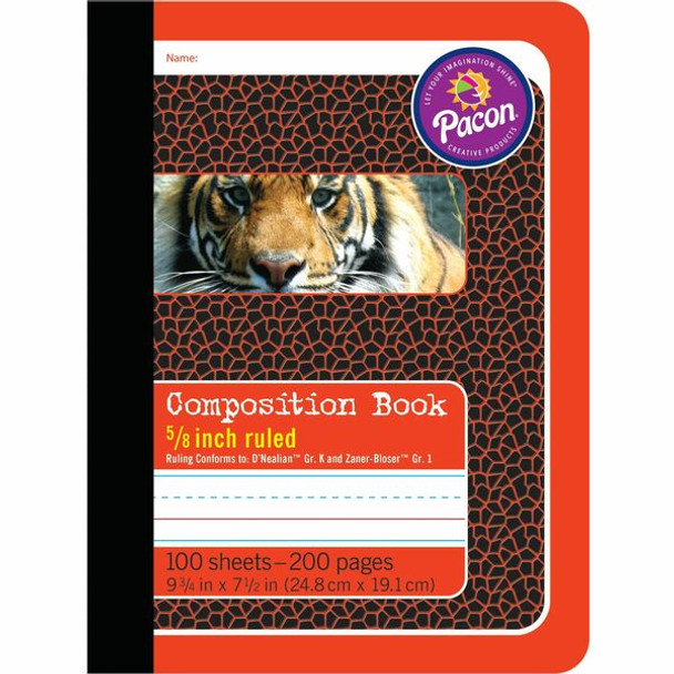 Pacon Primary Journal Dotted Midline Comp Book - 100 Sheets - 0.63" Ruled - 7 1/2" x 9 3/4" - White Paper - Red Cover - 1 Each