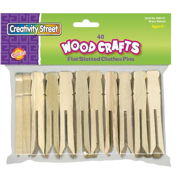 Creativity Street Flat-Slotted Clothespins - 3.8" Length - 40 / Pack - Natural - Wood