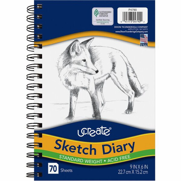 UCreate Art1st Sketch Diary - 70 Sheets - Plain - Spiral - 9" x 6" - White Paper - Acid-free - Recycled - 1 / Pad