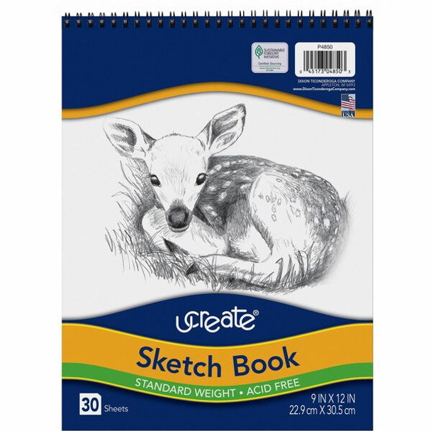 UCreate Medium Weight Acid Free Sketch Books - 30 Sheets - Spiral - 9" x 12" - White Paper - Acid-free, Mediumweight - Recycled - 30 / Pad