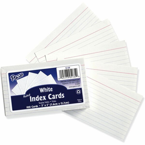 Pacon Ruled Index Cards - Front Ruling Surface - Ruled - 0.25" Ruled - Index Card - 3" x 5" - White Paper - Sturdy - 100 / Pack